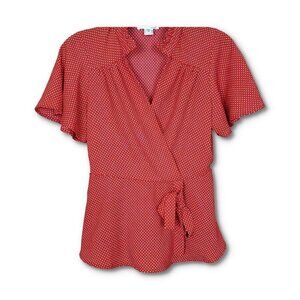 🚨083 Monteau Short Sleeve Retro Red White Polka Dot Wrap Blouse
